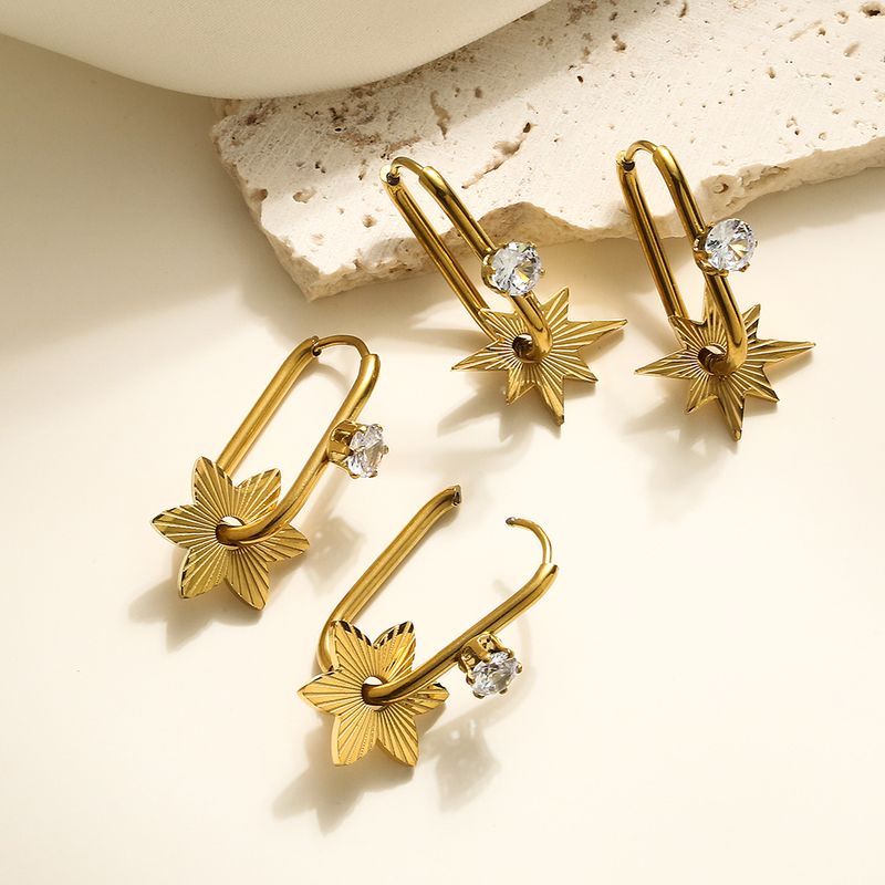 1 Pair Simple Style Commute Star Flower Plating Inlay 304 Stainless Steel Zircon 18K Gold Plated Hoop Earrings
