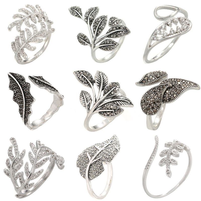 Antique Silver Elegant Leaf Inlay Zircon Open Rings