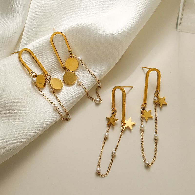 1 Pair Simple Style Commute Pentagram Plating Artificial Pearl Titanium Steel 18k Gold Plated Drop Earrings