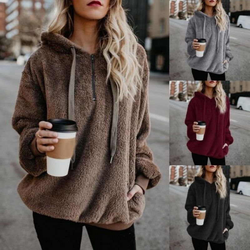 Women's Hoodie Long Sleeve T-shirts Pocket Zipper Simple Style Solid Color