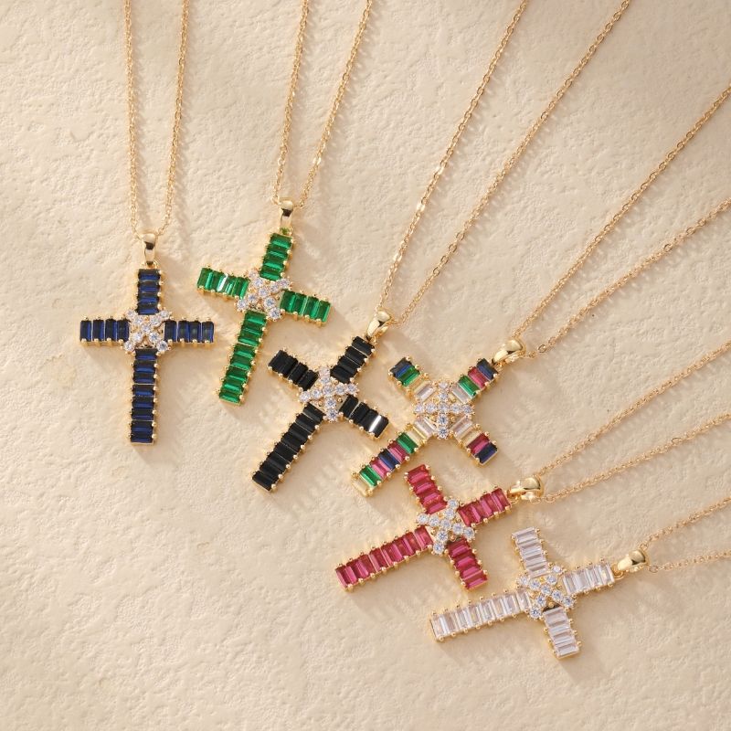 Wholesale Hip-Hop Luxurious Cool Style Cross 304 Stainless Steel Copper Inlay K Gold Plated Rhodium Plated Zircon Pendant Necklace