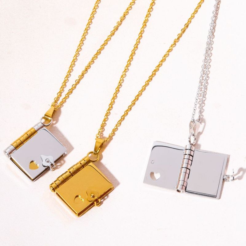 201 Stainless Steel 304 Stainless Steel Titanium Steel Gold Plated Simple Style Plating Book Heart Shape Rectangle Pendant Necklace