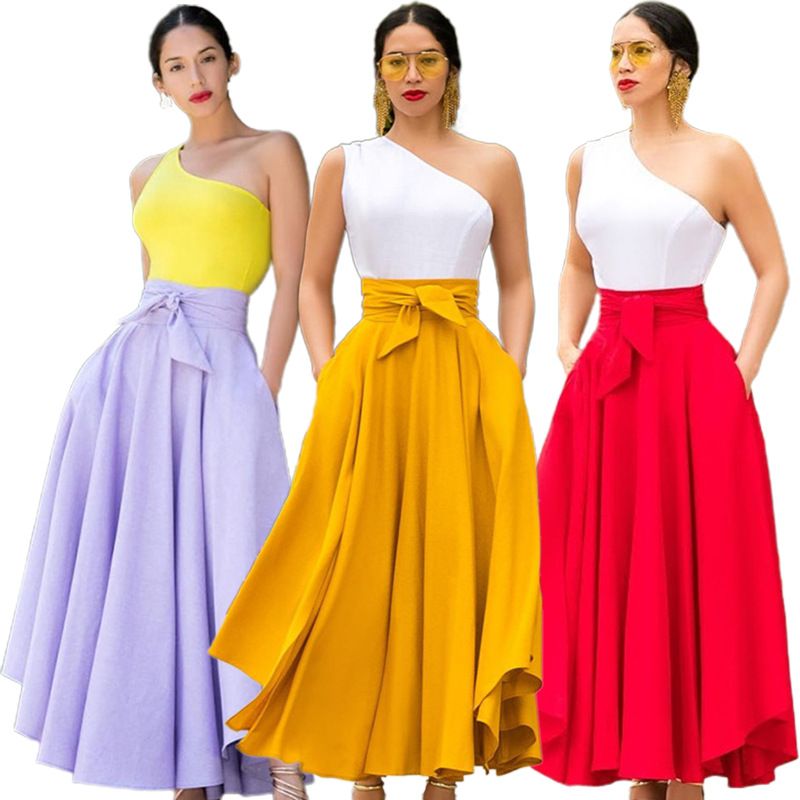Sommer Frühling Elegant Einfarbig Polyester Maxi Langes Kleid Röcke