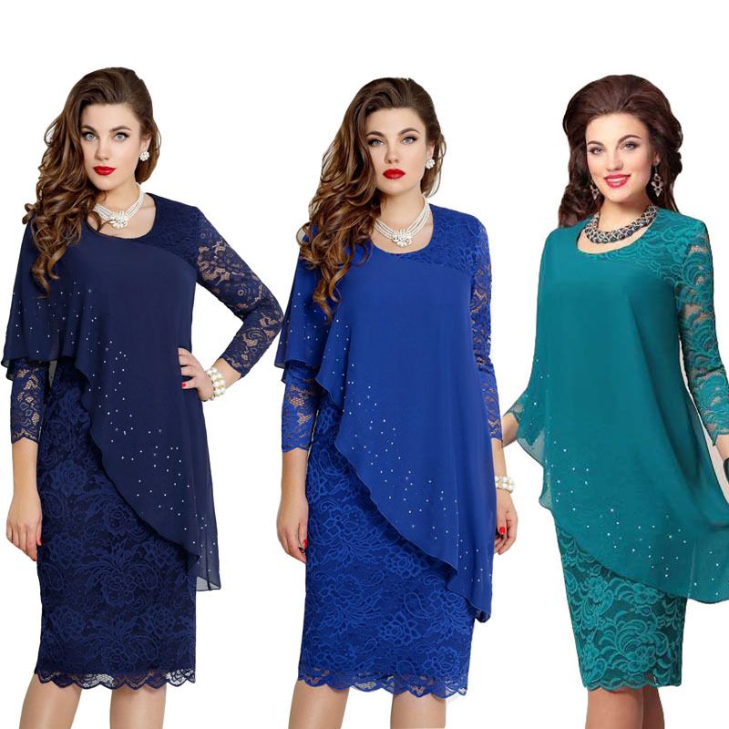 Women's Party Dress Elegant Round Neck Lace 3/4 Length Sleeve Solid Color Midi Dress Banquet