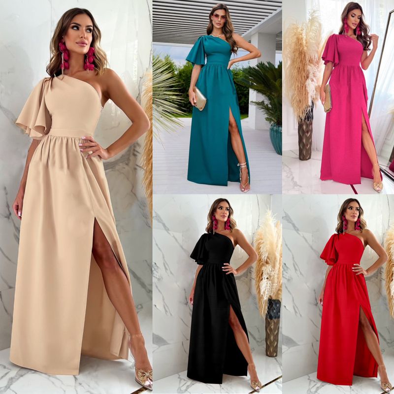 Women's Slit Dress Elegant Diagonal Collar Slit Short Sleeve Solid Color Maxi Long Dress Banquet