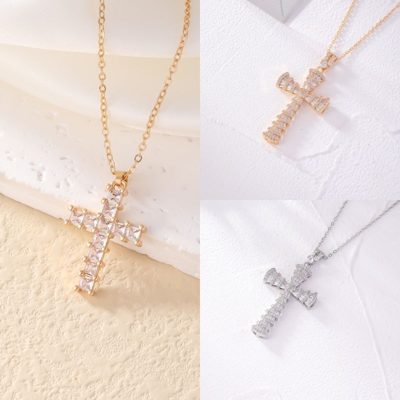 Wholesale Retro Simple Style Cross 304 Stainless Steel Copper Plating Inlay K Gold Plated Rhodium Plated Zircon Necklace Pendant