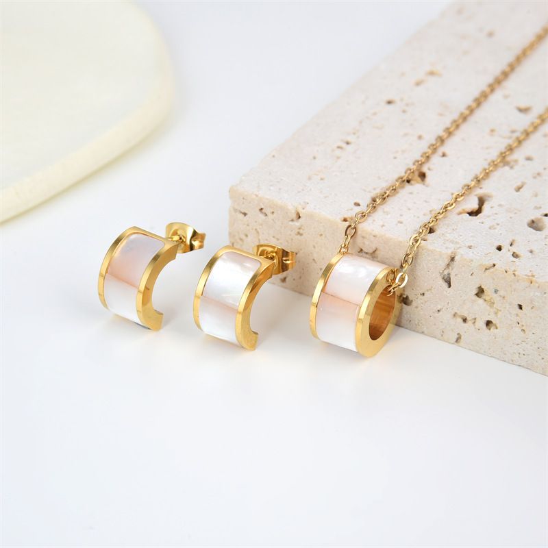 Wholesale Elegant French Style C Shape Stainless Steel Inlay Shell Earrings Necklace