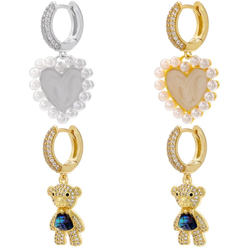 1 Par Casual Elegante Dulce Oso Forma De Corazón Enchapado Embutido Cobre Perlas Artificiales Cascarón Circón Chapado En Oro De 18 Quilates. Pendientes De Gota