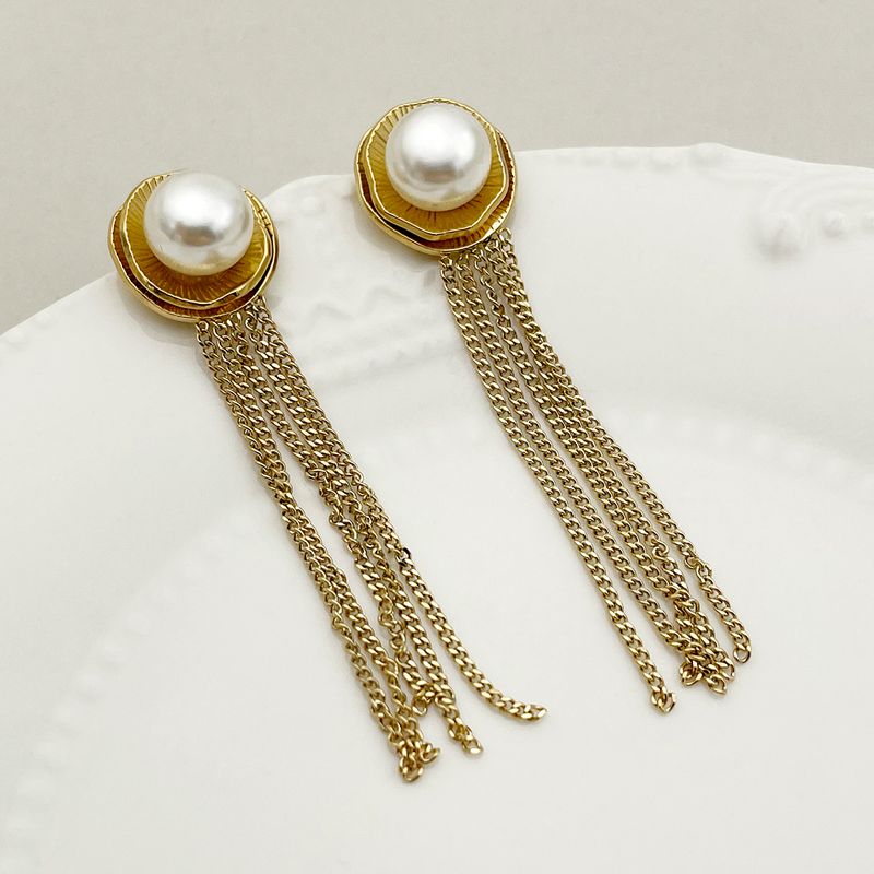 1 Pair Simple Style Tassel Plating Inlay 304 Stainless Steel Pearl 14K Gold Plated Drop Earrings