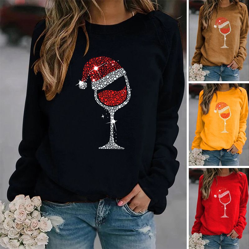 Femmes Sweat À Capuche Manche Longue Hoodies Et Pulls Molletonnés Impression Décontractée Chapeau De Noël Verre De Vin