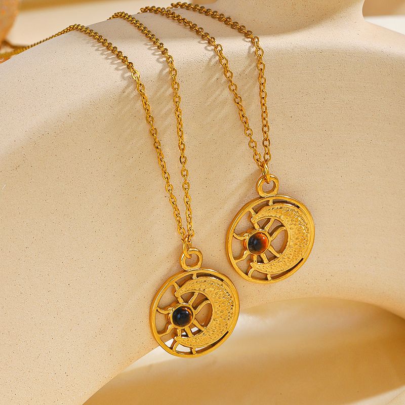 304 Stainless Steel 18K Gold Plated Vintage Style Plating Sun Moon Natural Stone Necklace