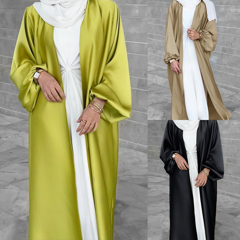 Les Femmes Musulmanes Transfrontalières Portent Satin Puff Sleeve Robe Moyen-orient Dubaï Cardigan Élégant Intérieur Longue Jupe Swing Contenant La Ceinture