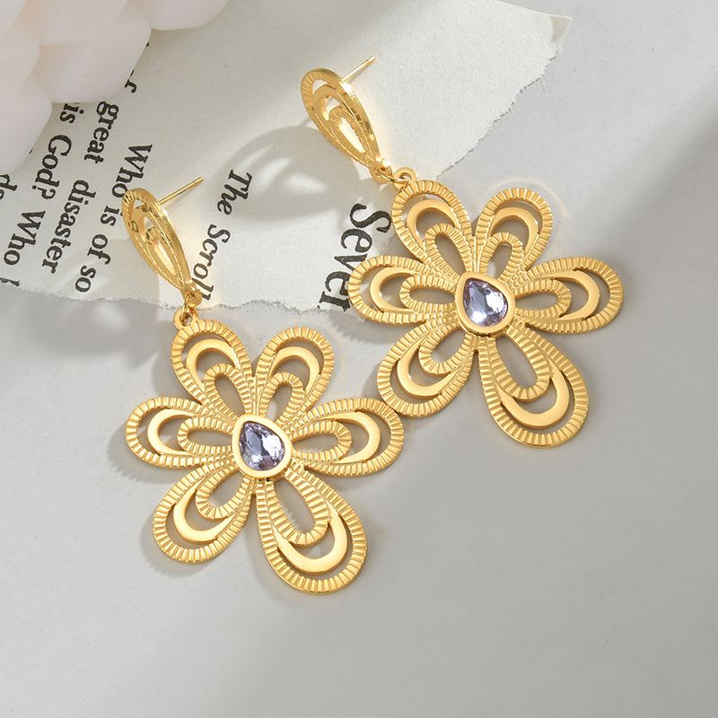 1 Pair Elegant Flower Plating Inlay 304 Stainless Steel Crystal Zircon 18K Gold Plated Drop Earrings