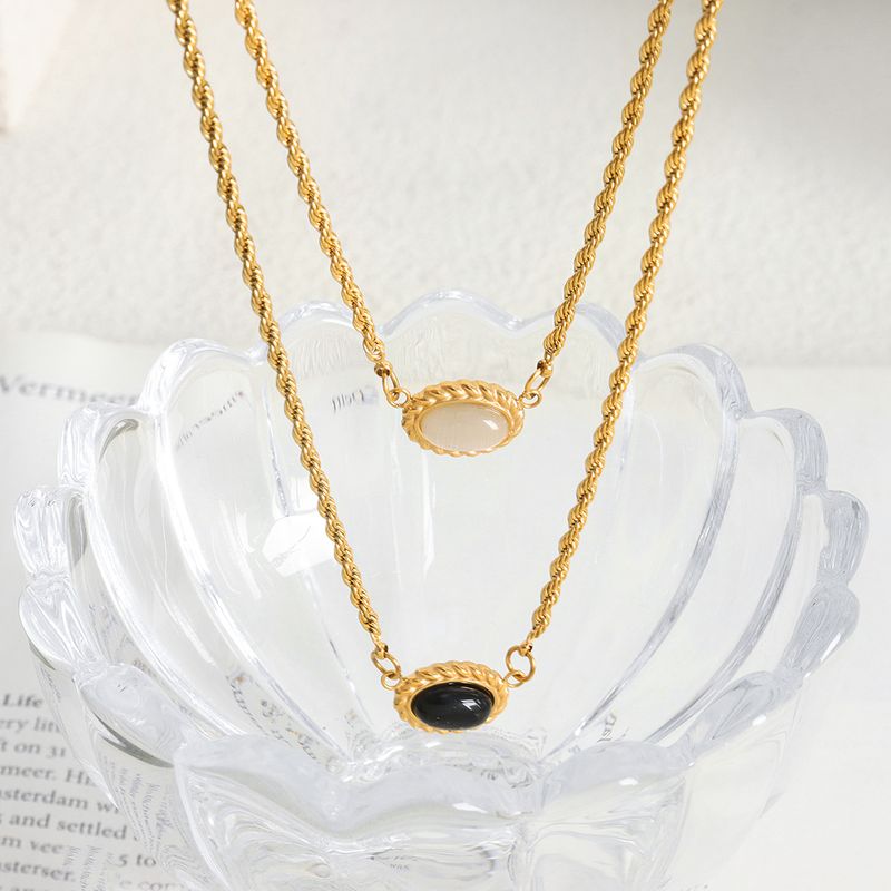 Vintage Style Streetwear Oval Titanium Steel Plating Inlay Acrylic Opal 18k Gold Plated Double Layer Necklaces