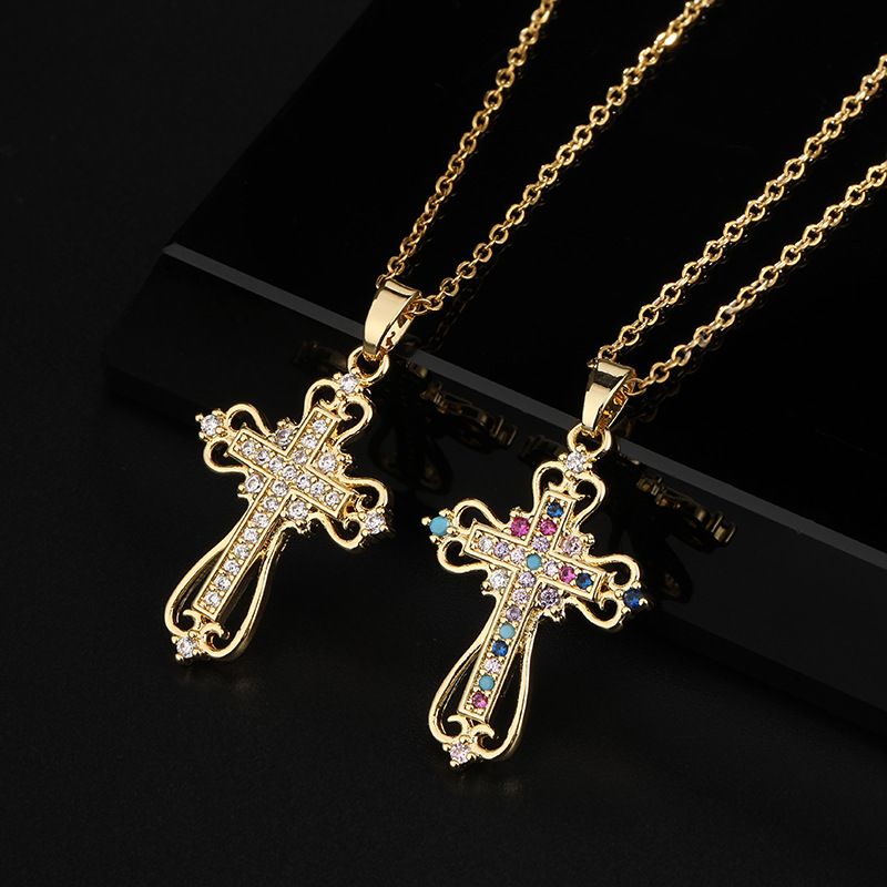 Streetwear Cross Copper Inlay Zircon Pendant Necklace