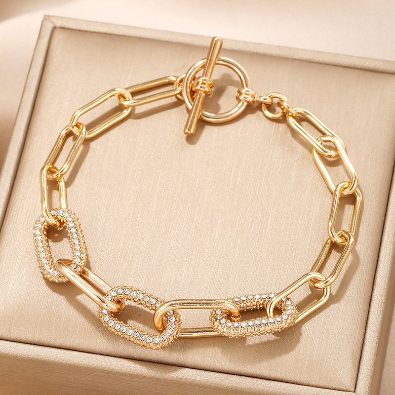 Solid Color Shiny Chains Print Alloy Plating Inlay Rhinestones Gold Plated Unisex Bracelets