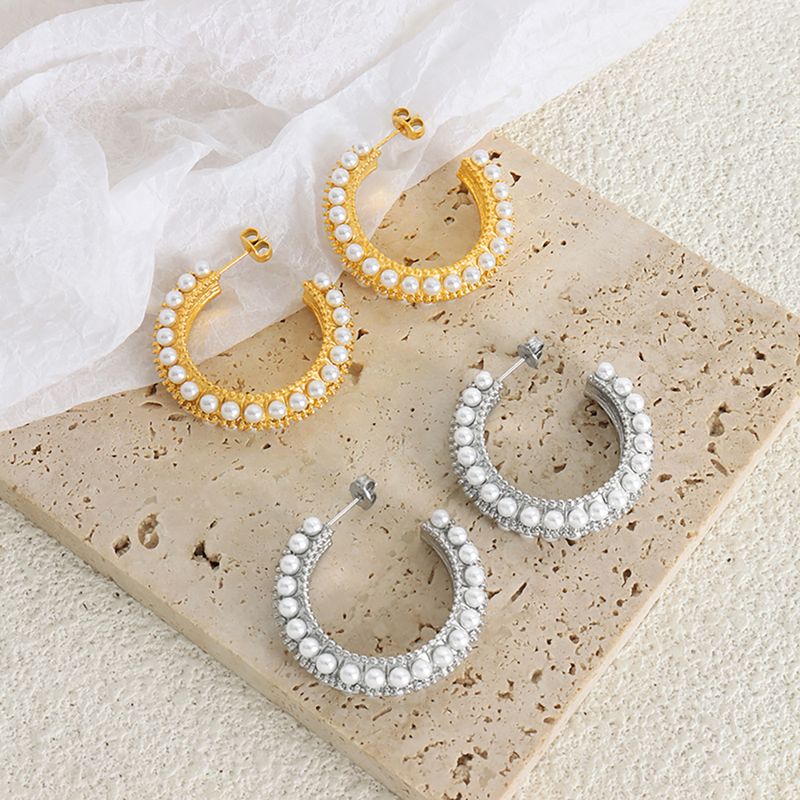 1 Pair Lady Baroque Style Geometric Plating Inlay Titanium Steel Artificial Pearls 18k Gold Plated Ear Studs