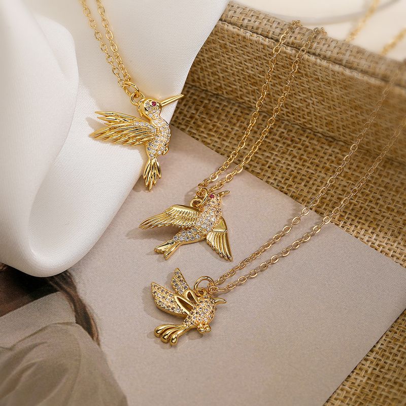 Modern Style Classic Style Bird Copper 18k Gold Plated Zircon Pendant Necklace In Bulk