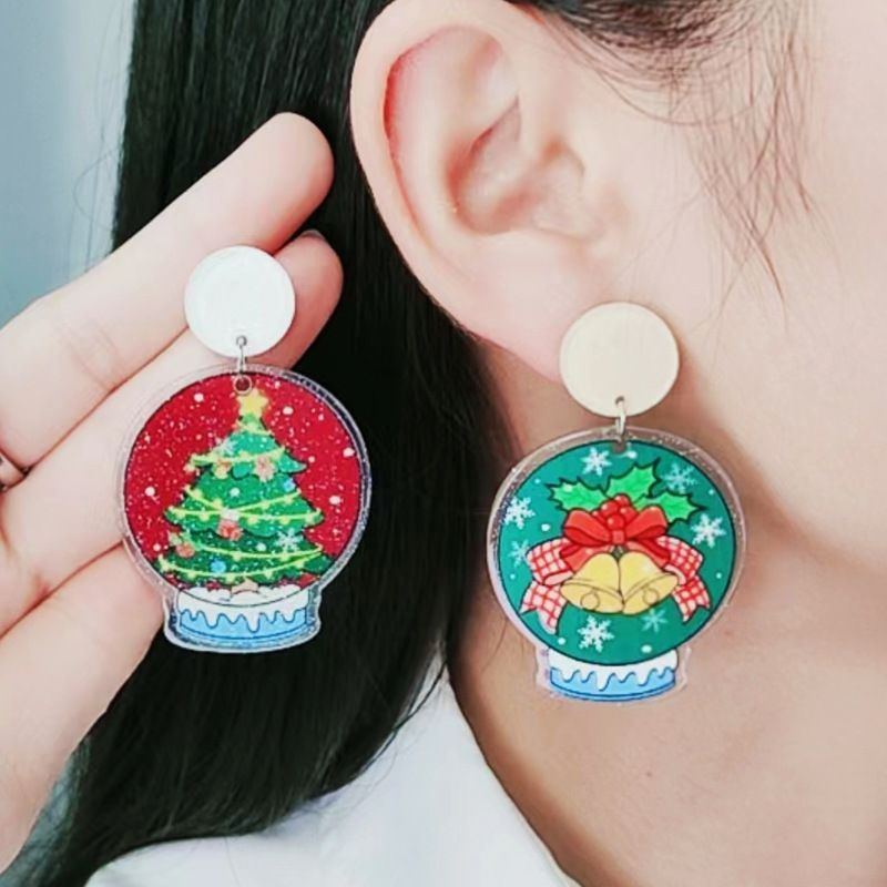 1 Pair Cute Christmas Tree Snowflake Elk Printing Arylic Drop Earrings