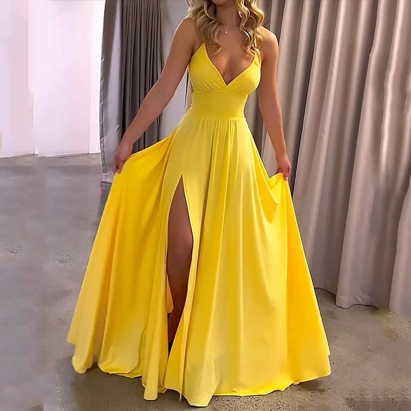 Femmes Robe À Bretelles Style Simple Col En V Fente Dos Nu Sans Manches Couleur Unie Maxi Longue Robe Du Quotidien