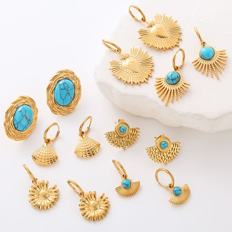 1 Paire Commuer Couleur Unie Placage Incruster Acier Inoxydable 304 Turquoise Plaqué Or 18K Des Boucles D'Oreilles Boucles D'Oreilles