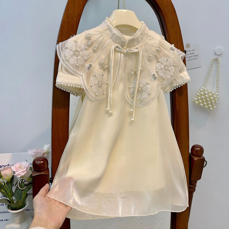Chinoiserie Elegant Solid Color Lace Cotton Girls Dresses