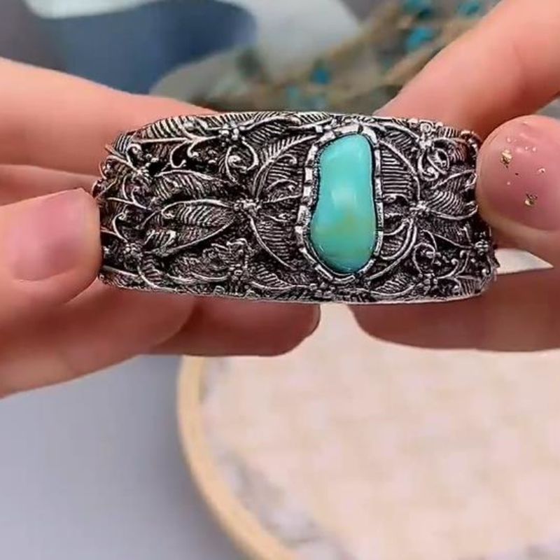 Rétro Papillon Plaqué Argent Antique Turquoise Alliage De Gros Bracelets Manchette
