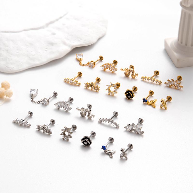1 Piece Ear Cartilage Rings & Studs Simple Style Water Droplets Flower Snake Pure Titanium Copper Inlay Zircon