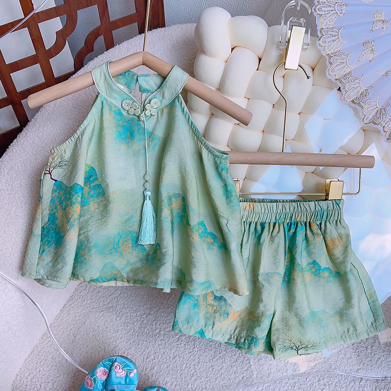 Simple Style Gradient Color Printing Tassel Cotton Girls Clothing Sets