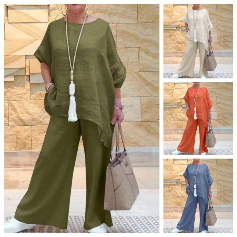 Women's Casual Solid Color Cotton And Linen Pocket Pants Sets