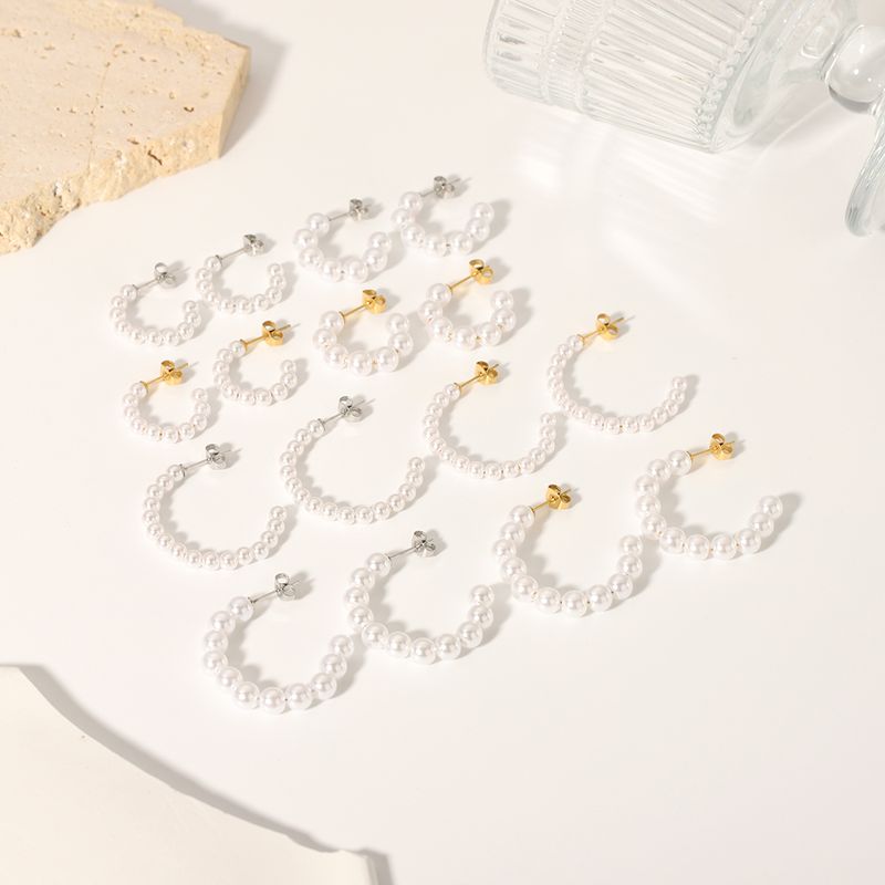 1 Pair Elegant French Style C Shape Beaded Plating 304 Stainless Steel Artificial Pearl 18K Gold Plated Ear Studs