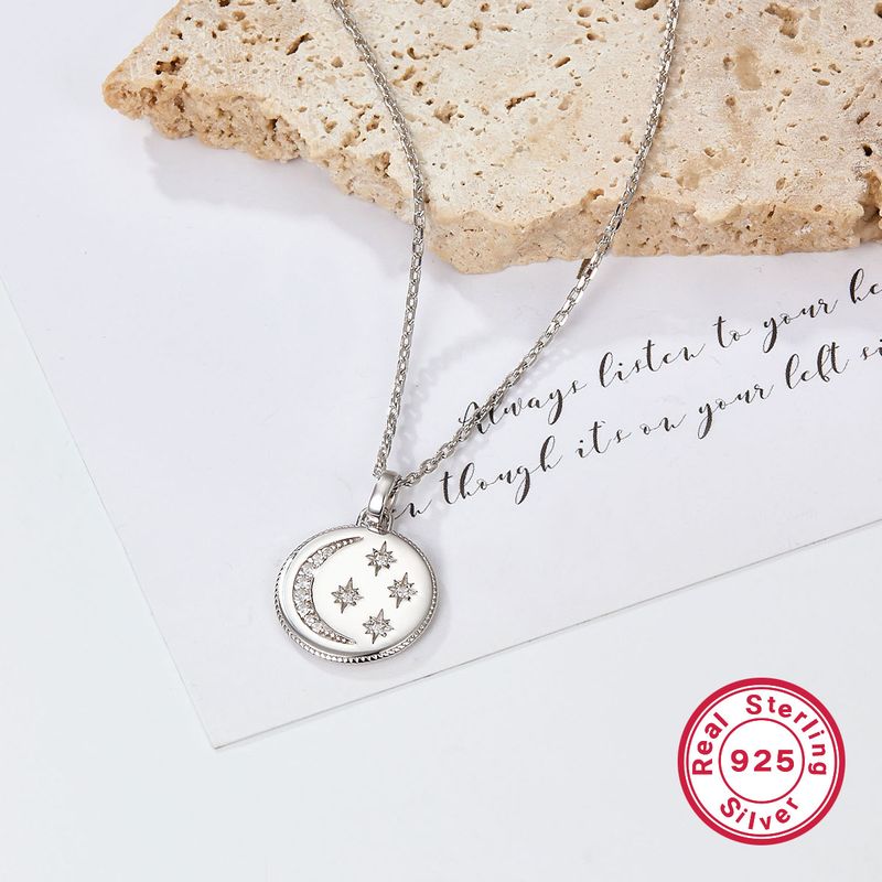 Vintage Style Simple Style Round Star Moon Sterling Silver Plating Inlay Zircon White Gold Plated Pendant Necklace
