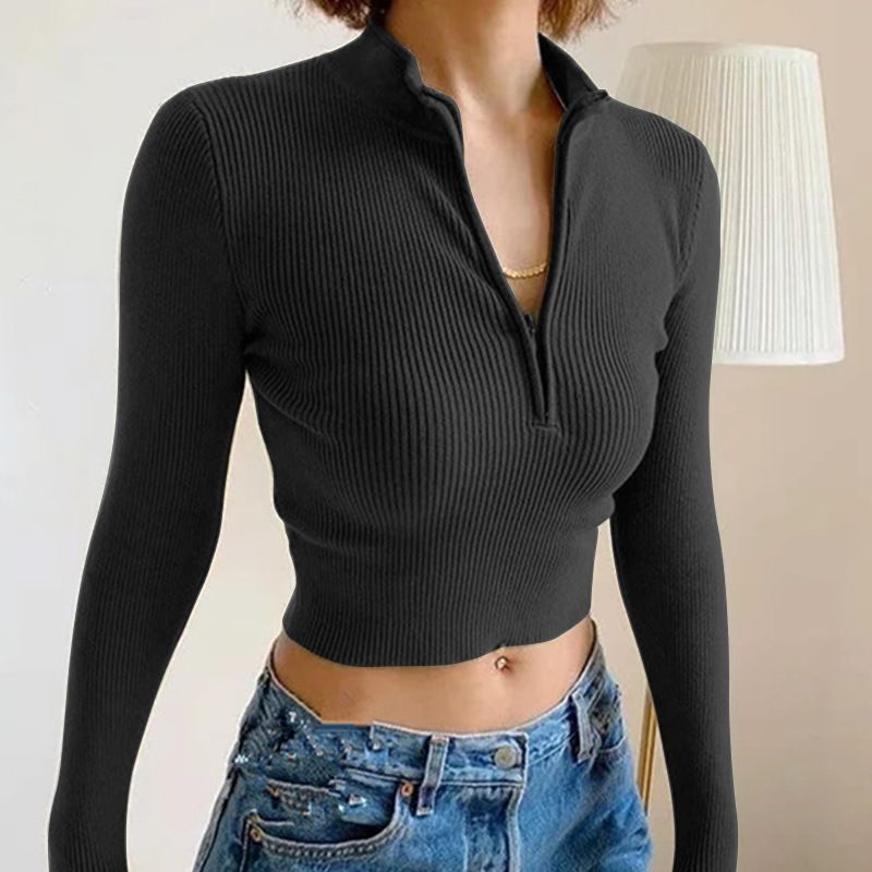 Women's T-shirt Long Sleeve T-shirts Zipper Sexy Solid Color