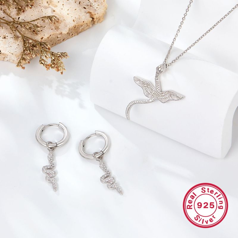 Elegant Simple Style Wings Snake Sterling Silver Plating Inlay Zircon White Gold Plated Unisex Earrings Necklace