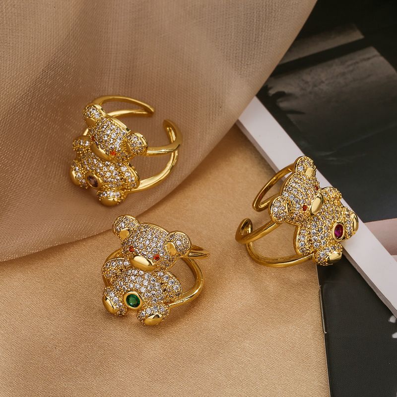 Cute Simple Style Little Bear Copper Plating Inlay Zircon 18k Gold Plated Open Rings