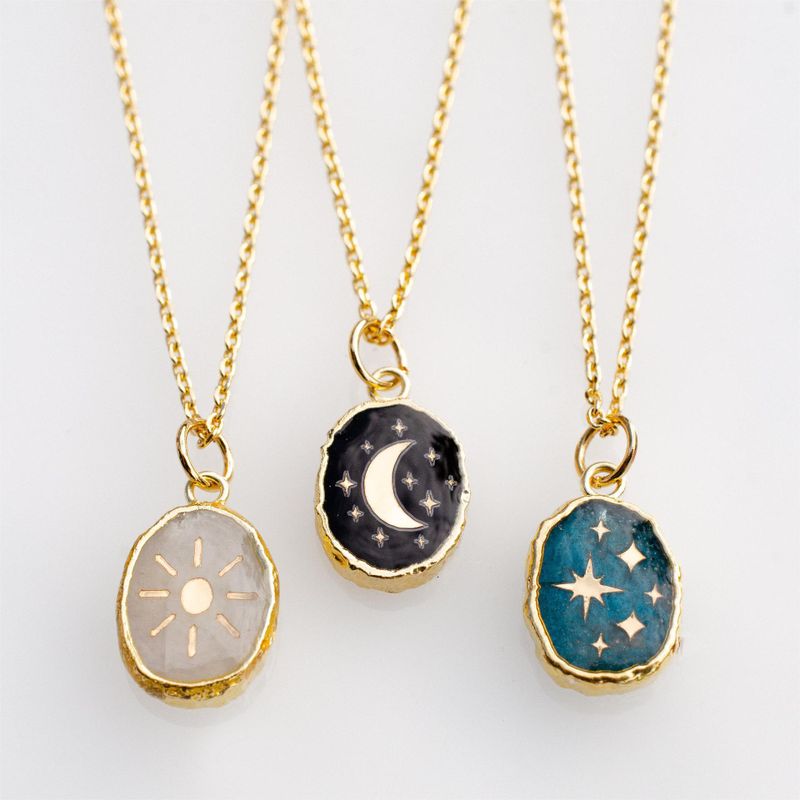 Copper Simple Style Korean Style Enamel Plating Inlay Star Moon Zircon Pendant Necklace