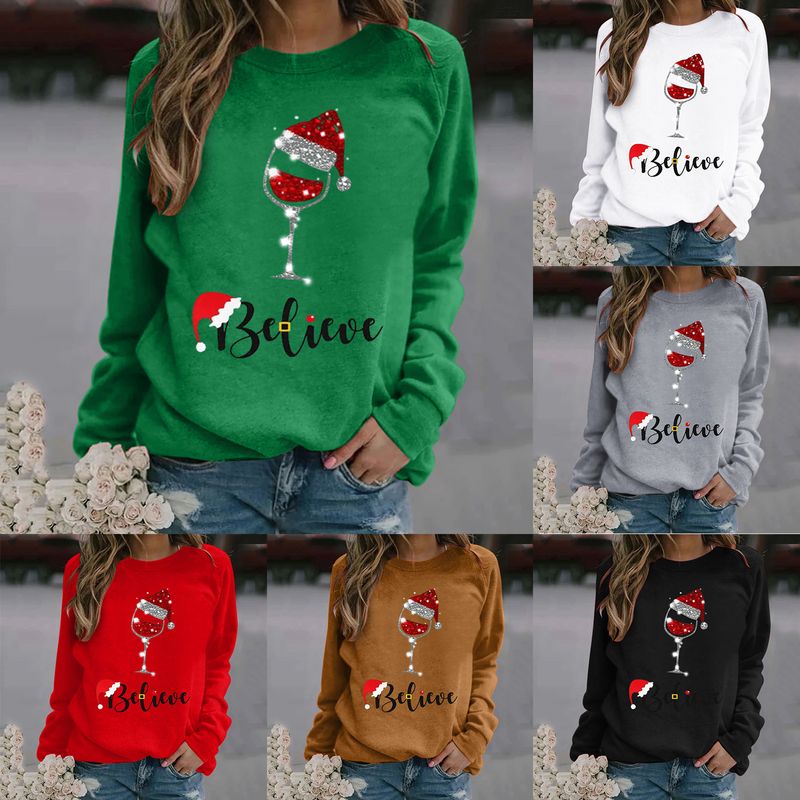Women's Hoodie Long Sleeve Hoodies & Sweatshirts Printing Christmas Christmas Hat Letter Wine Glass