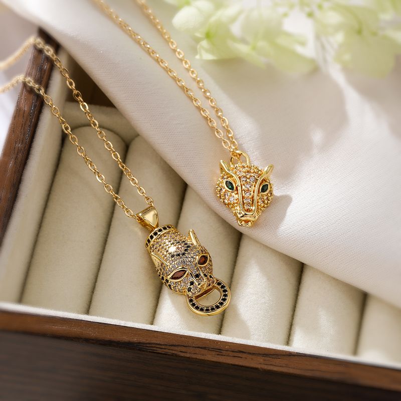 Hip Hop Einfacher Stil Leoparden Kopf Kupfer 18 Karat Vergoldet Diamant Halskette Mit Anhänger In Masse