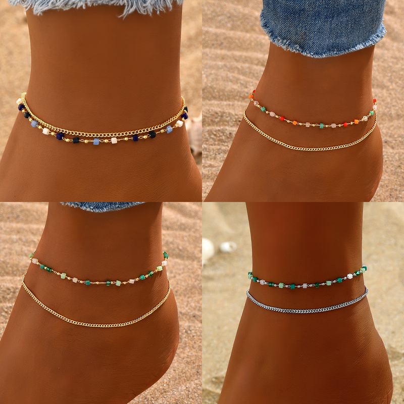 Fairy Style Beach Geometric Square 18k Gold Plated White Gold Plated Glass Copper Wholesale Anklet