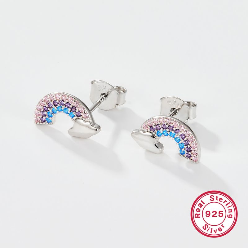 1 Par Elegante Estilo Simple Nubes Arcoíris Enchapado Embutido Plata Esterlina Circón Rodio Plateado Pendientes