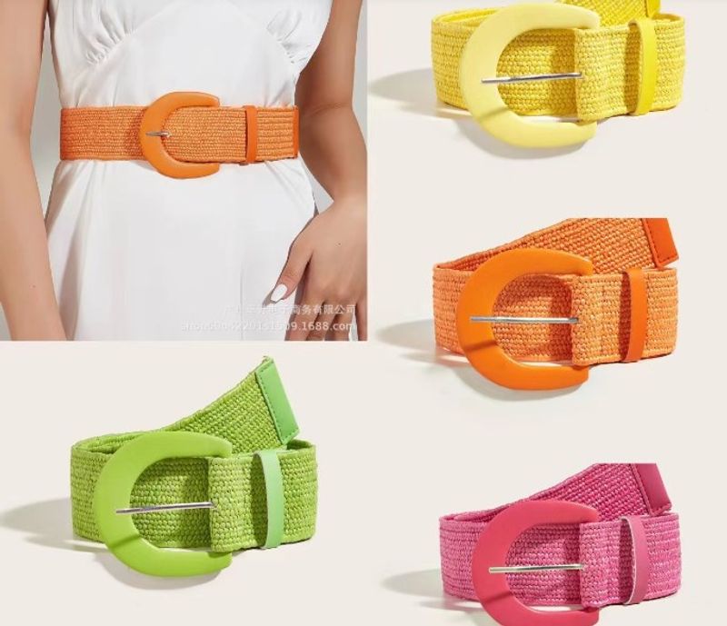 Original Design Solid Color Pp Grass Pu Leather Women's Woven Belts