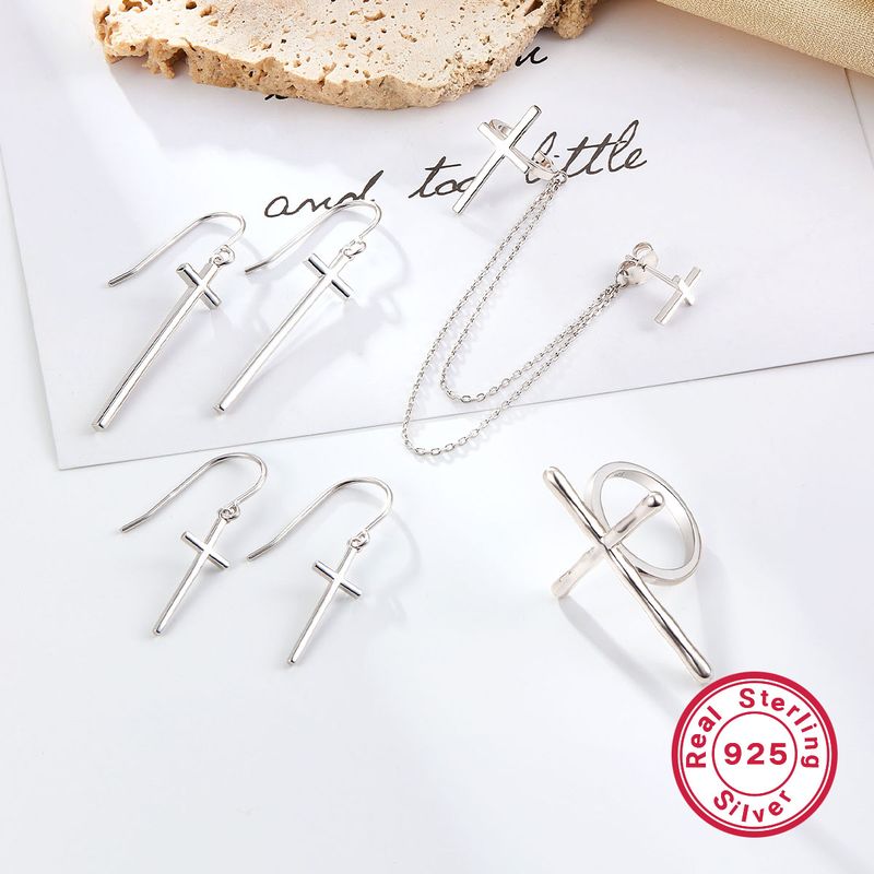 Wholesale Jewelry Simple Style Cross Sterling Silver White Gold Plated Plating Rings Earrings