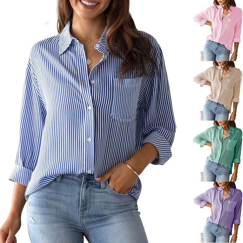 Women's Blouse Long Sleeve Blouses Printing Pocket Simple Style Stripe