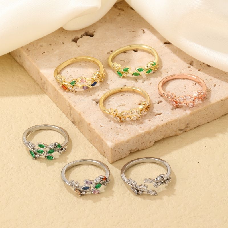 Copper K Gold Plated Rhodium Plated Casual Inlay Leaves Zircon Open Rings
