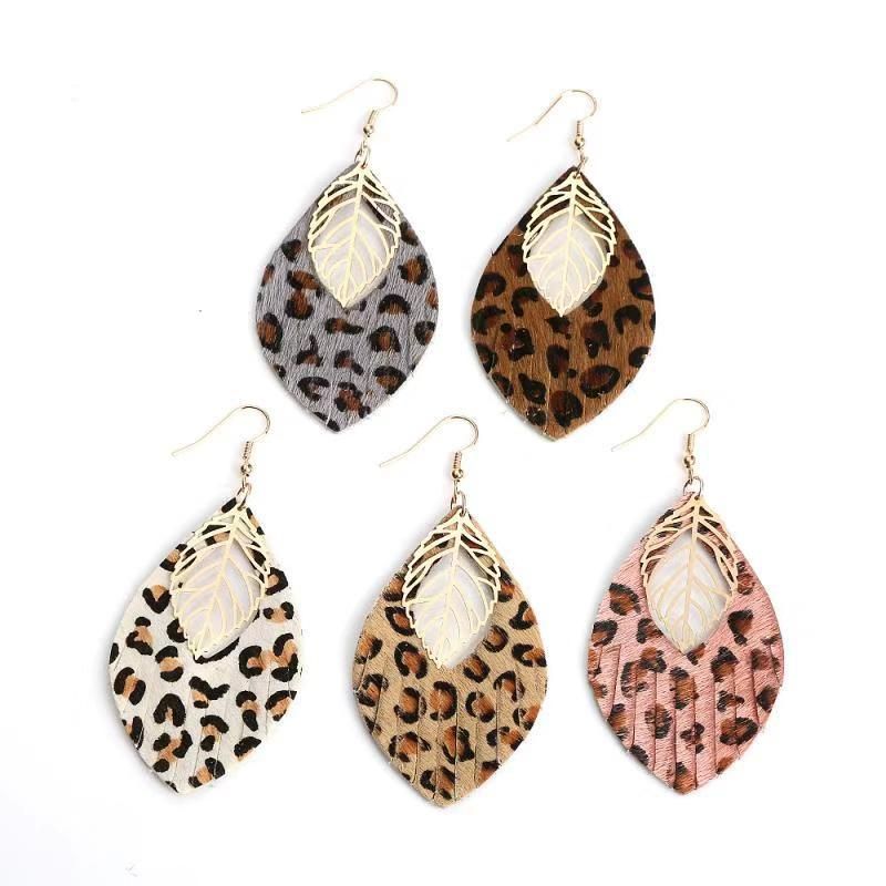 1 Pair Retro Ethnic Style Leaf Pu Leather Gold Plated Drop Earrings