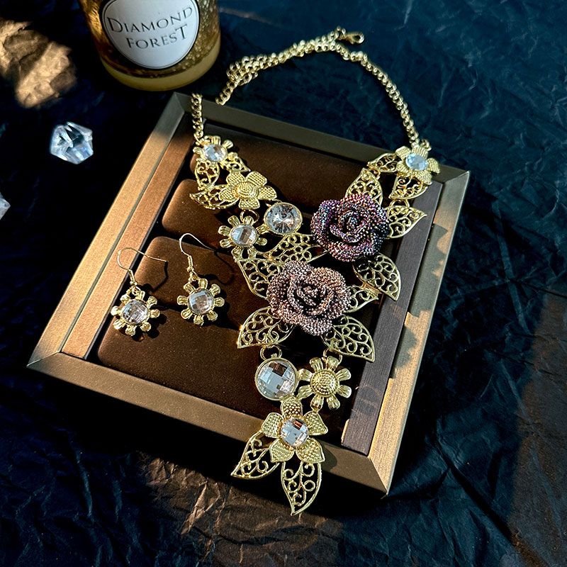 Exaggerated Shiny Flower Alloy Women's Earrings Necklace