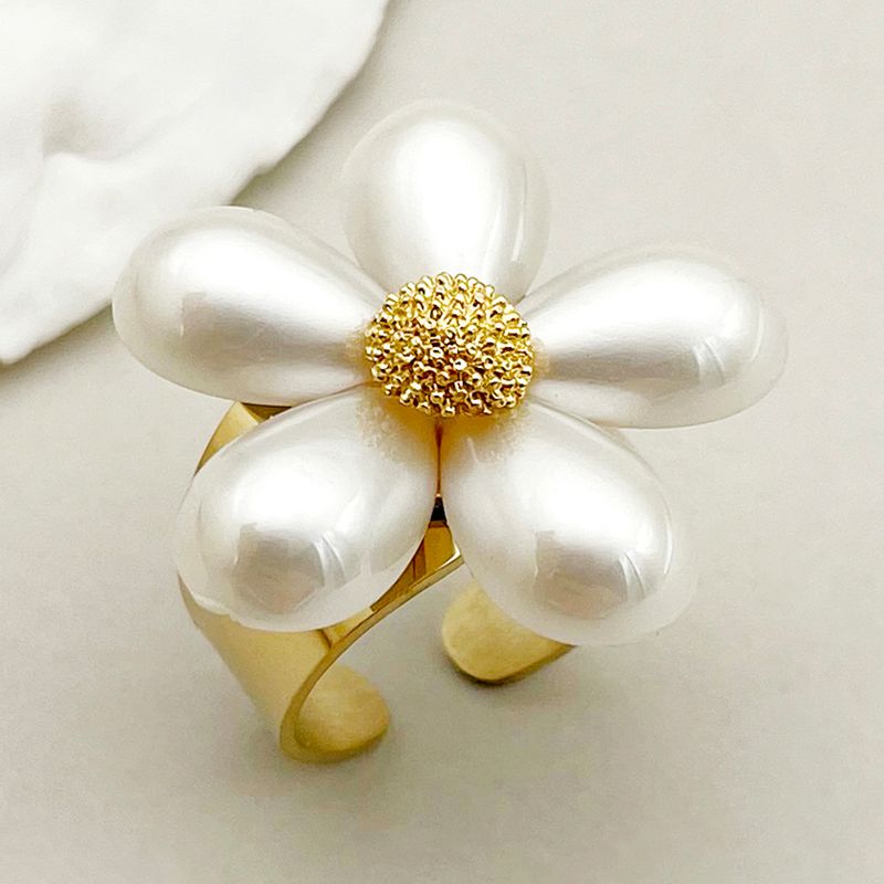 304 Stainless Steel 14K Gold Plated Sweet Commute Plating Flower Shell Open Rings