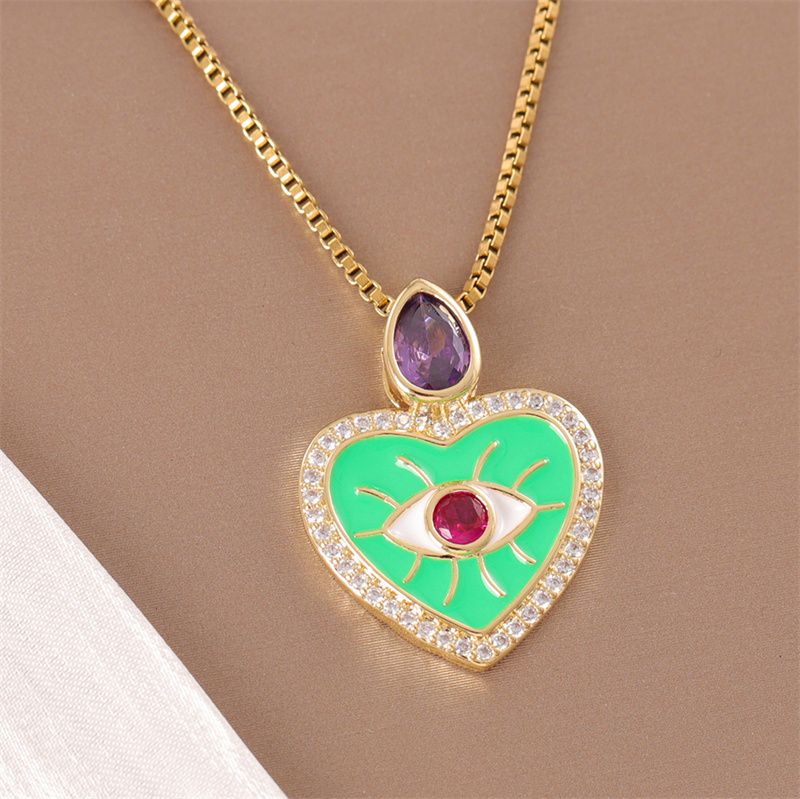 Stainless Steel Titanium Steel 18K Gold Plated Retro Simple Style Enamel Plating Inlay Heart Shape Zircon Pendant Necklace