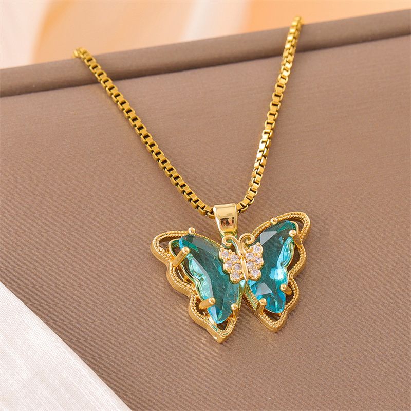 Stainless Steel Titanium Steel 18K Gold Plated Fairy Style Vacation Modern Style Plating Inlay Butterfly Zircon Pendant Necklace