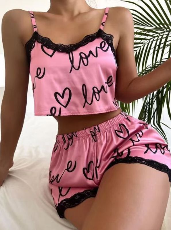 Style Simple Lettre Coeur Forme Polyester Satin Impression Dentelle Shorts Femmes Ensembles